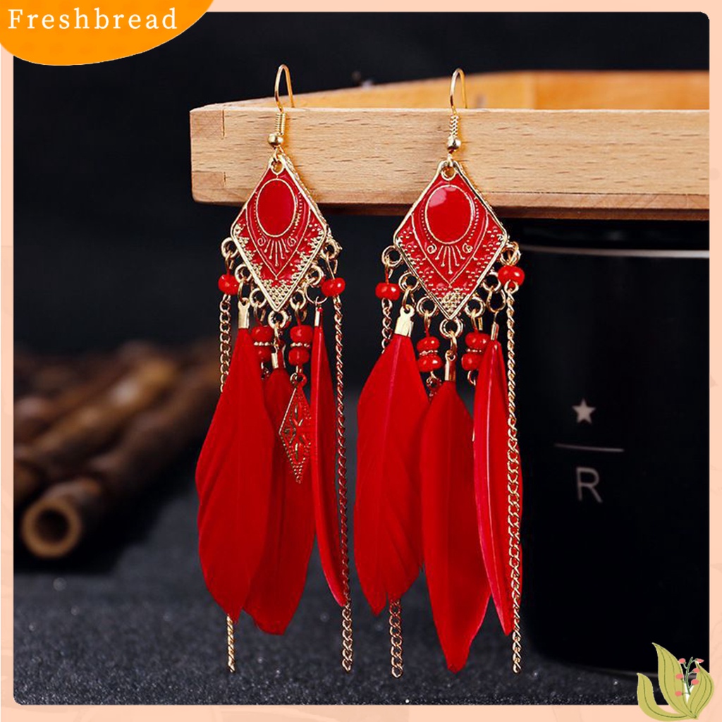 &lt; Freshbread &gt; 1pasang Anting Kait Bohemian Tetes Minyak Geometris Persegi Panjang Liontin Temperamen Dekorasi Elegan Bulu Buatan Rumbai Menjuntai Anting Aksesoris Kostum