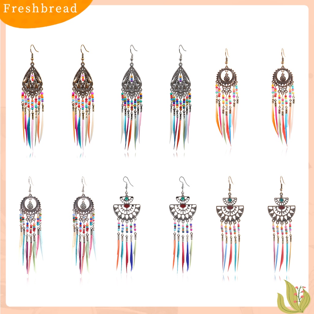 &lt; Freshbread &gt; Anting Retro Manik-Manik Resin Romantis Bohemian Bulu Rumbai Fringe Earrings Untuk Wanita