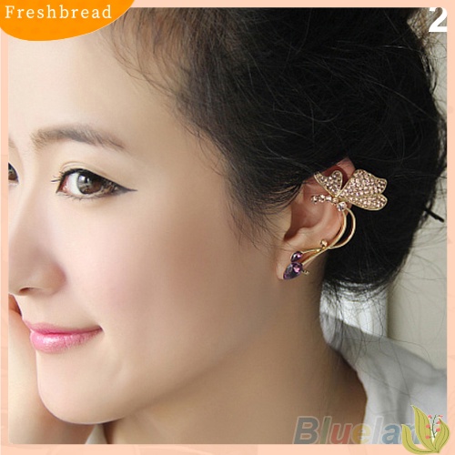 &lt; Freshbread &gt; 1Pc Stud Anting Kupu-Kupu Klip Telinga Kristal Wanita Elegan Untuk Telinga Kiri