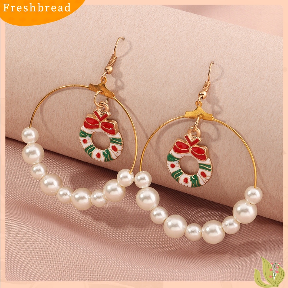 &lt; Freshbread &gt; Wanita Pohon Natal Elk Eardrop Mutiara Imitasi Geometris Hoop Earrings Hadiah Xmas