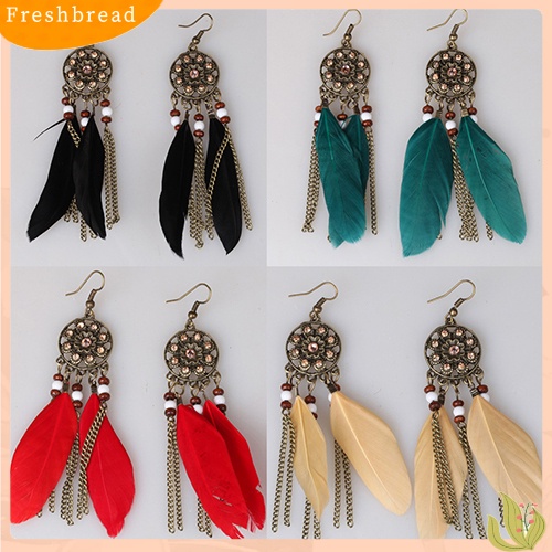 &lt; Freshbread &gt; Wanita Vintage Bohemia Etnik Dream Catcher Bulu Jumbai Anting Kait Panjang