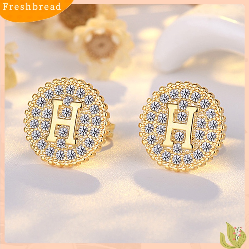 &lt; Freshbread &gt; 1pasang Ear Studs Round Cool Golden/Silver Color Mini Sparkling Rhinestone H Huruf Wanita Anting Perhiasan Fashion