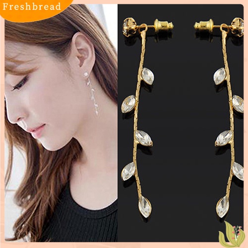 &lt; Freshbread &gt; Fashion Wanita Elegan Berlian Imitasi Daun Cabang Willow Ranting Linear Anting Panjang