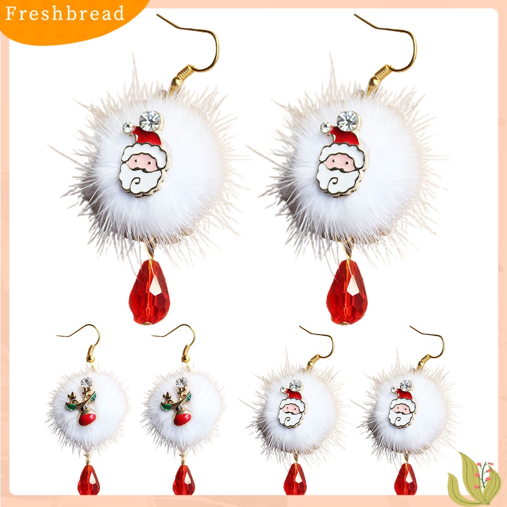 &lt; Freshbread &gt; 1pasang Putih Mewah Bola Merah Berlian Imitasi Xmas Anting Alloy Santa Claus Elk Pendant Hook Earrings Perhiasan Fashion