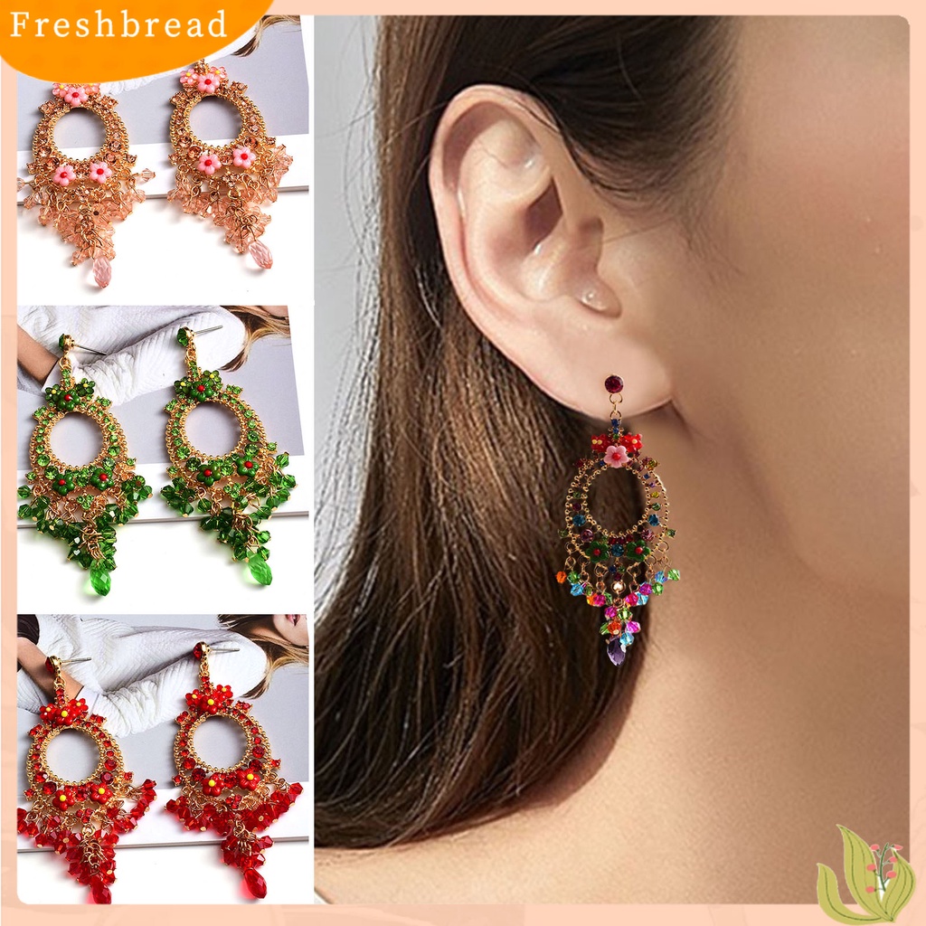 &lt; Freshbread &gt; 1pasang Anting Menjuntai Cantik Rumbai Manik Bunga Bohemian Warna-Warni Berlian Imitasi Drop Earrings Untuk Pacaran