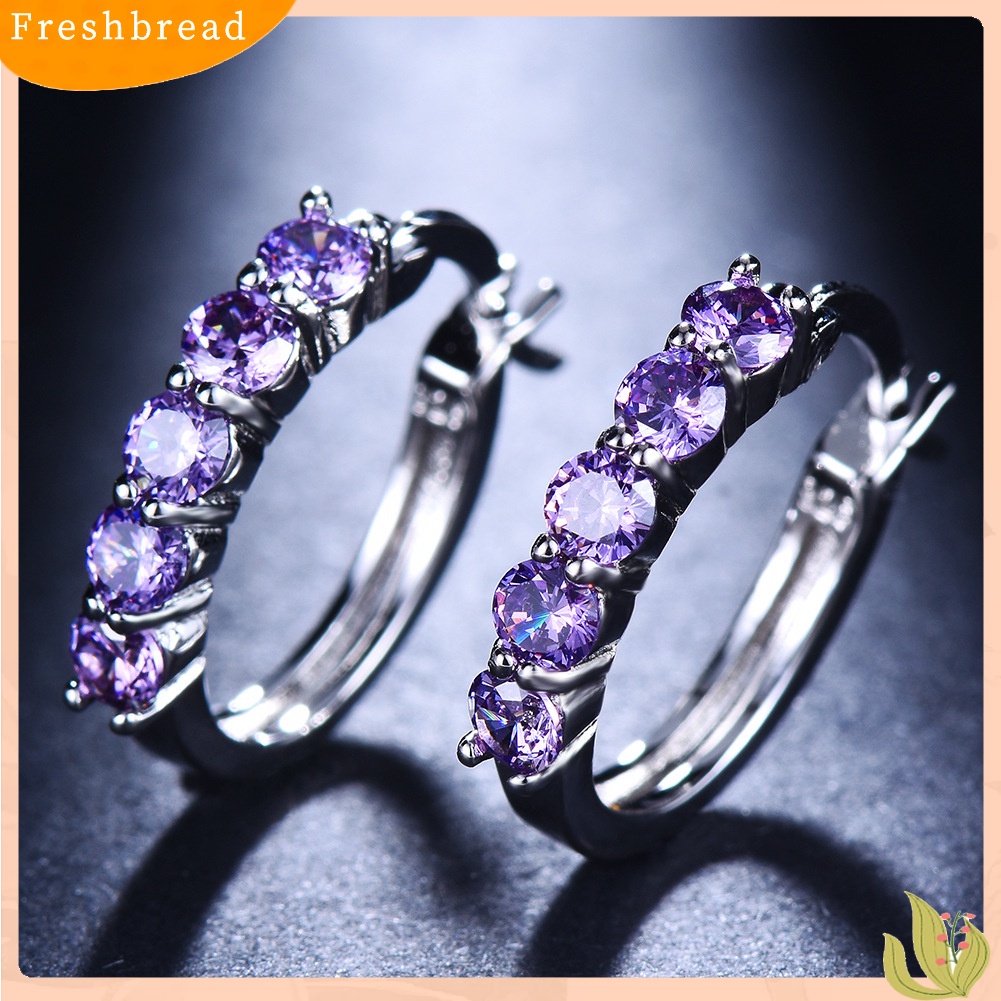 &lt; Freshbread &gt; Wanita Potongan Bulat Cubic Zirconia Hias Perak Disepuh Huggie Earrings Perhiasan Hadiah