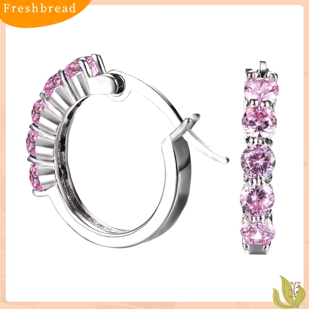 &lt; Freshbread &gt; Wanita Potongan Bulat Cubic Zirconia Hias Perak Disepuh Huggie Earrings Perhiasan Hadiah