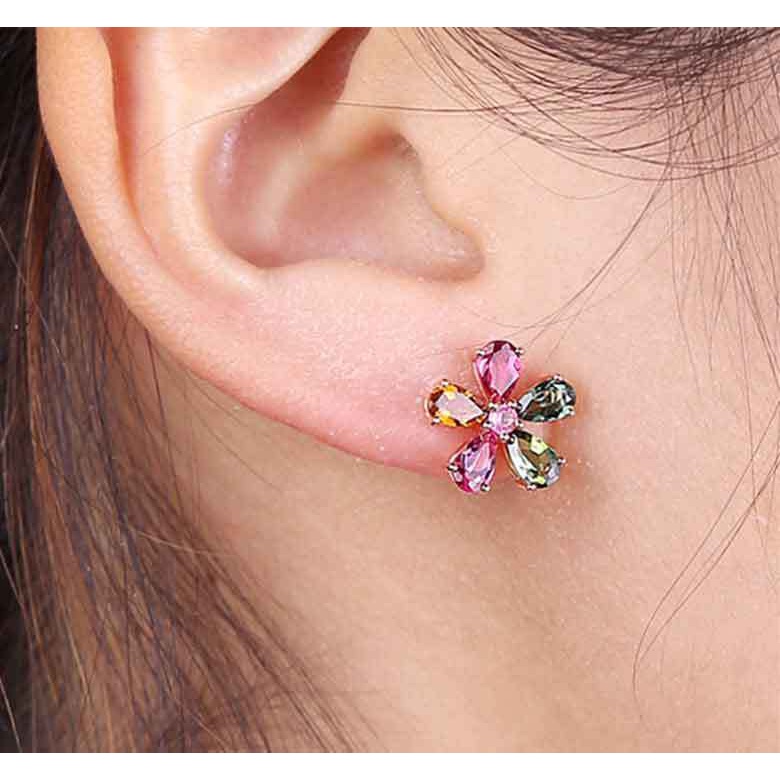 Goldkingdom Aksesoris Perhiasan Fashion Ready Stock Korea = Rose Gold Dengan Berlian Anting Permata Warna-Warni Fashion Wanita Anting Rumput Lima Daun Perhiasan Perak