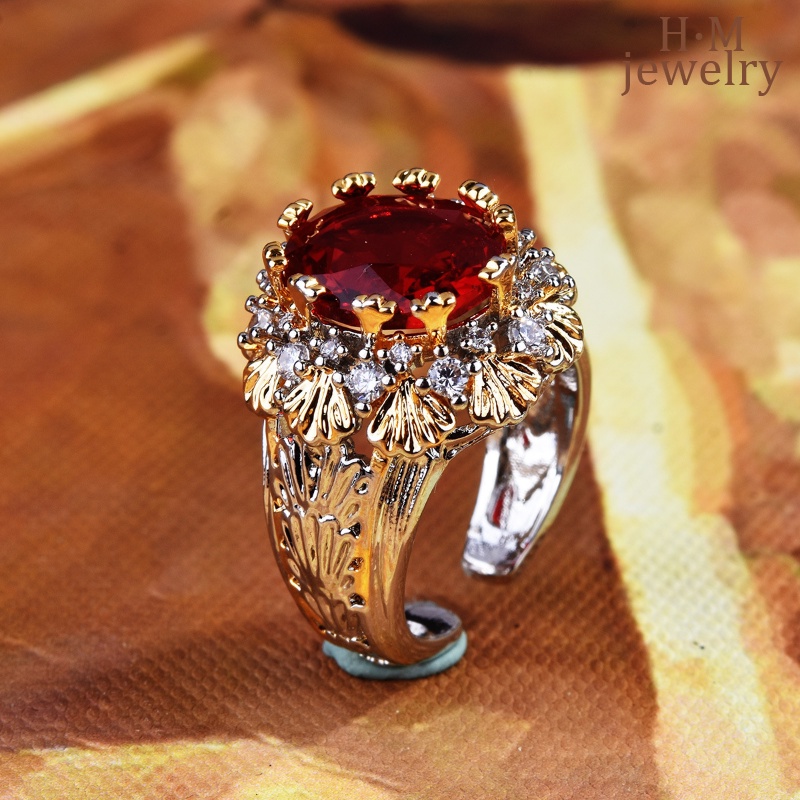 S925 Perak Vintage Brushed Bertekstur Ukir Emas Ruby Cincin Gaya Antik Two-Tone Gold Crowns Ornament