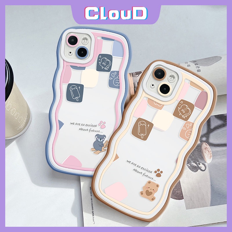 IPHONE Casing Ponsel Kompatibel Untuk Iphone11 13 14 12 Pro Max 7Plus X XR XS Max7 8 6s 6plus14 Plus SE 2020 Pasangan Kisi Kartun Lucu Beruang Lembut Tpu Penutup Tepi Bergelombang