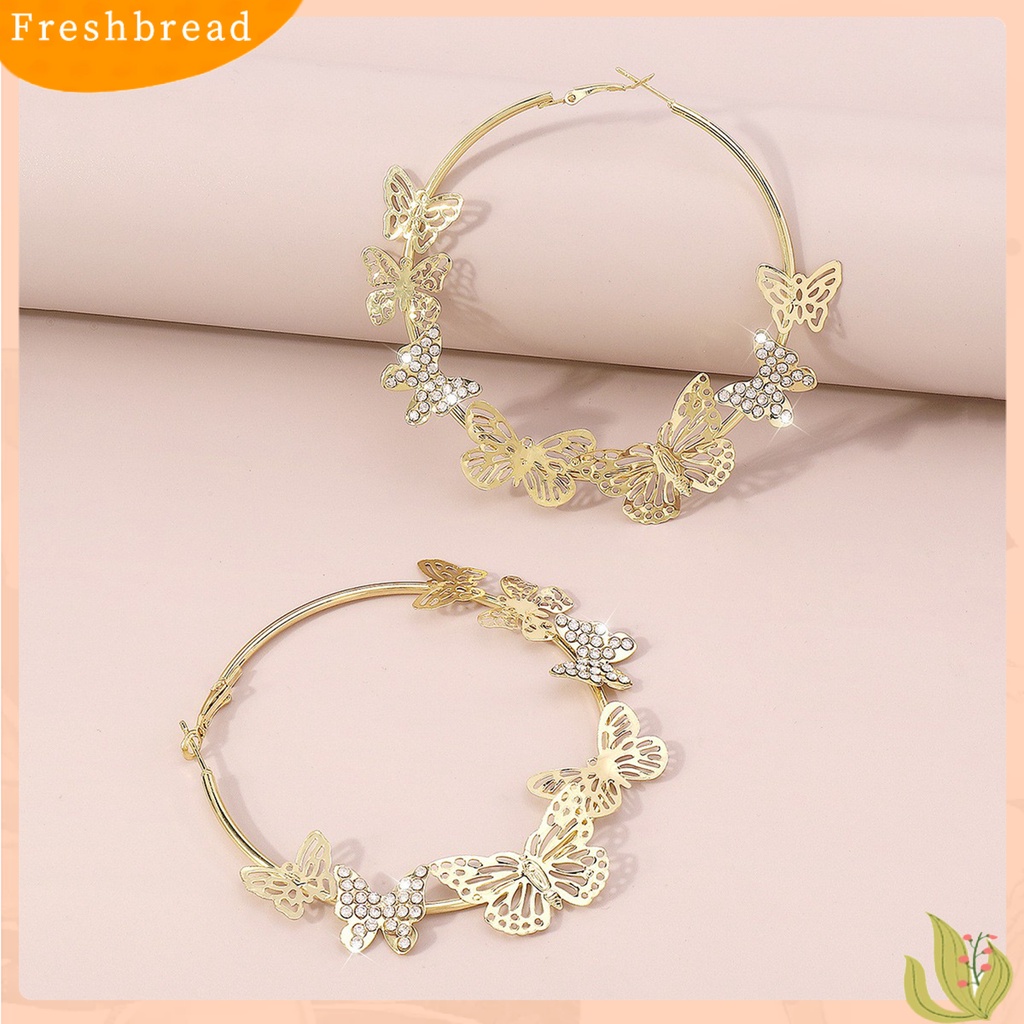 {In Stock} 1pasang Anting Hoop Vintage Geometris Berlebihan Berlian Imitasi Mengkilap Hias Dekorasi Hadiah 3D Berongga Keluar Kupu-Kupu Wanita Anting Lingkaran Untuk Perjamuan