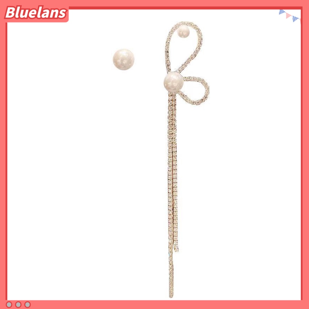 {In Stock} 1pasang Anting Rumbai Asimetri Busur Mutiara Imitasi Berlian Imitasi Bersinar Dekorasi Tahan Luntur Panjang Rumbai Menjuntai Anting Gantung Aksesoris Perhiasan