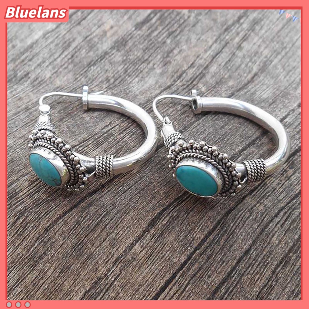 {In Stock} 1pasang Anting Hoop Tindik Oval Ukir Unik Biru Turquoise Bohemia Retro Earrings Aksesoris Perhiasan
