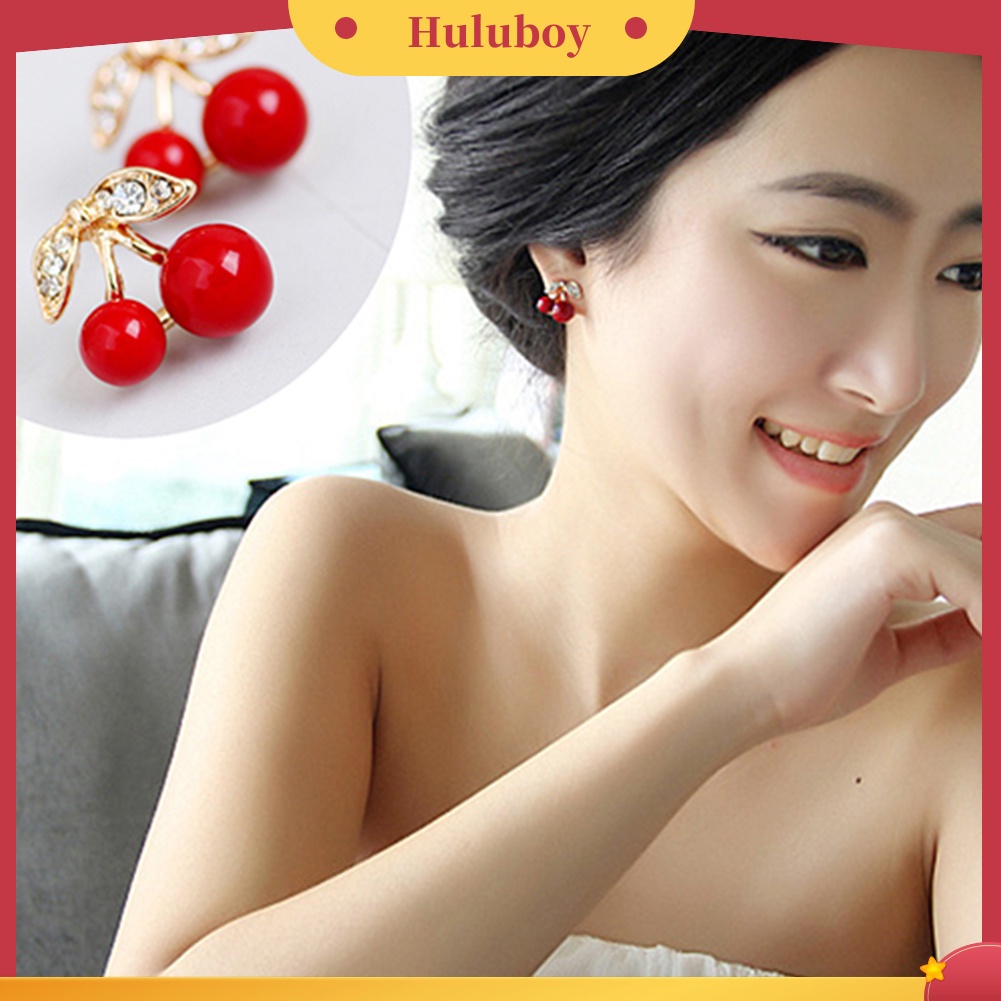 {Ready Stock} Wanita Merah Cherry Bening Berlian Imitasi Telinga Studs Beads Golden Alloy Leaves Earrings