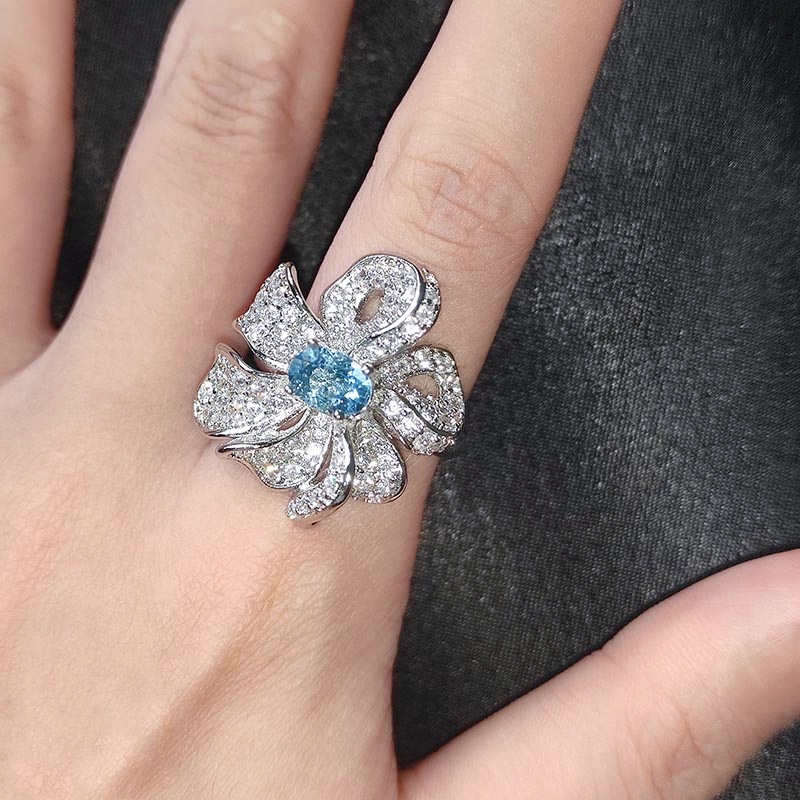 Goldkingdom Aksesoris Perhiasan Fashion Ready Stock Topaz Biru Langit Alami Multi Layer Dibungkus Cincin Bunga