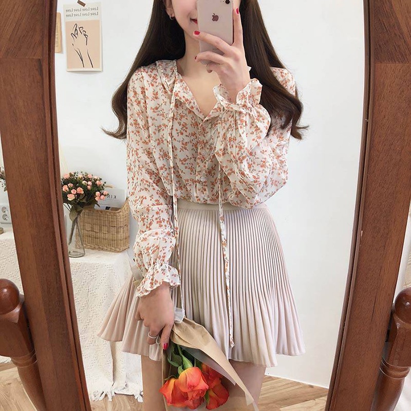 Newlan XF008 Kemeja Sifon Blouse Wanita Korea Blouse Sifon Lengan Panjang Blus Wanita Musim Panas Ca
