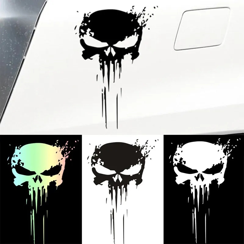 Skull Reflektif Stiker Mobil Decal Mobil Motor Dekorasi Tahan Air Kepribadian Punisher Skull Blood Sticker DIY Universal Self Adhesive Vinyl Mengerikan Bentuk Tengkorak