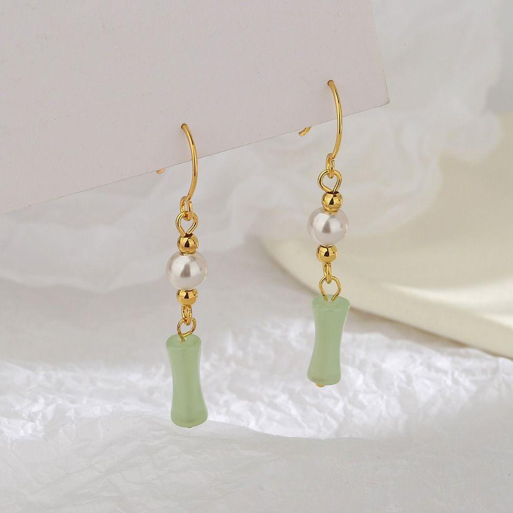 Mxbeauty Wanita Menjuntai Anting Elegan Pesona Mutiara Imitasi Fashion Perhiasan Hetian Giok Gadis Hadiah Drop Earrings