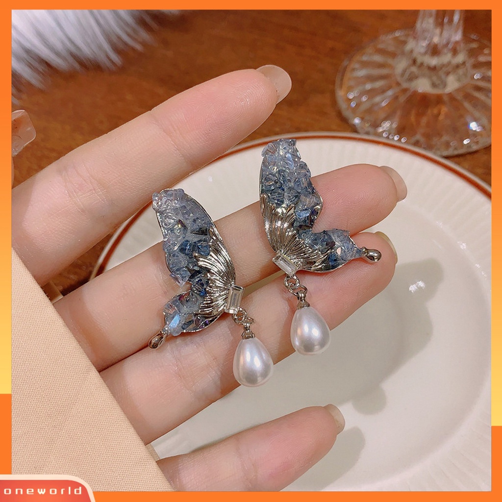[OWR] 1pasang Drop Earrings Mewah Mutiara Imitasi Peri Elegan Rusak Kristal Imitasi Kupu-Kupu Sayap Stud Earrings Perhiasan Aksesoris