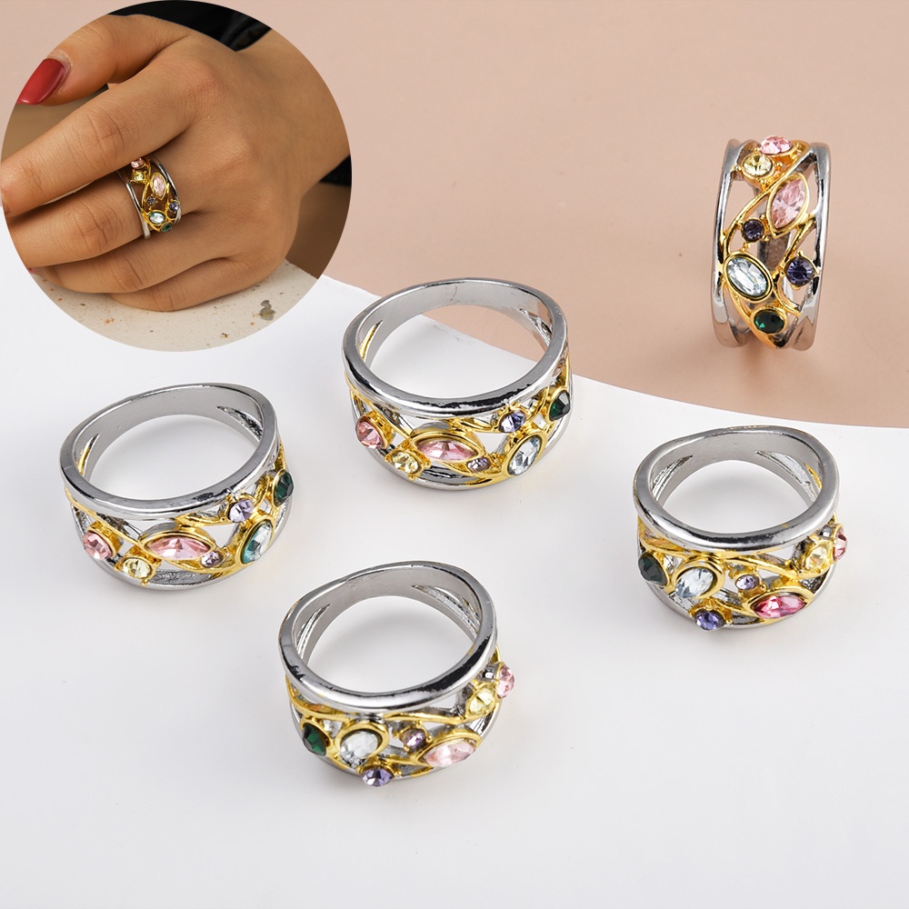 Fashion Cincin Zirkon Hias Untuk Wanita/Cincin Jari Gelombang Pola Geometris Multicolor Halus/Cincin Pesta Elegan/Perhiasan Wanita Populer