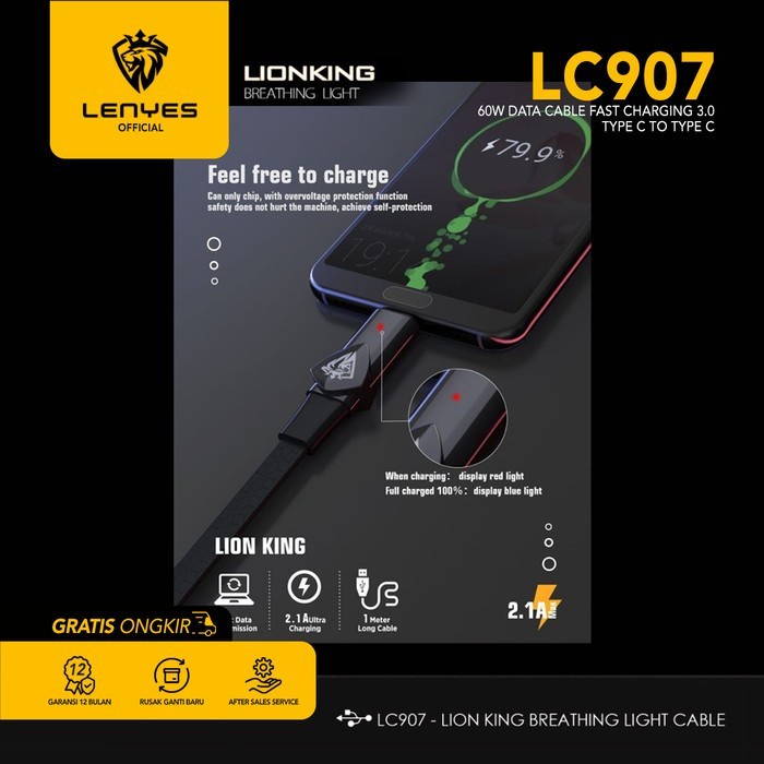 Kabel Data 2.1A Fast Charging LC907 LENYES 100% Original - TYPE C casan