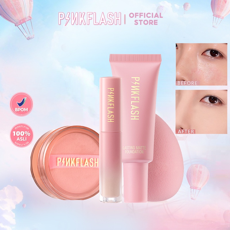 4PCS [BPOM&amp;ORI] PINKFLASH Summer Oil-control Base Foundation Loose Powder Concealer Waterproof Long-lasting Makeup Set