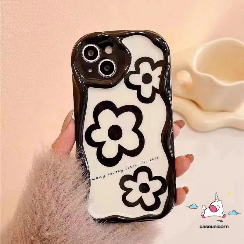 Casing Simple Tiga Bunga Glossy Kompatibel Untuk IPhone 7Plus XR 11 Pro Max 6s 8 6 7 Plus 13 14 12 Pro Max X XS Max SE 2020 3D Wavy Curved Edge White Shockproof Airbag Soft Cover