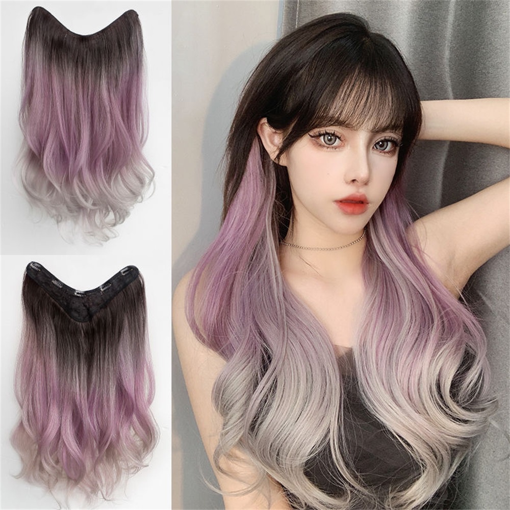 One-piece Ungu Gradien Tak Terlihat Mulus Berbentuk U Menggantung Telinga Ekstensi Rambut Wig Untuk Wanita Rambut Ponytail Panjang Besar Bergelombang Ekstensi Rambut 50 cm