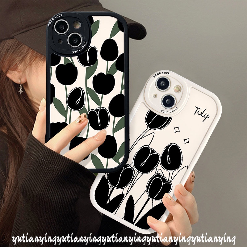 IPHONE Case Kompatibel Untuk Iphone11 14 13 12 Pro Max XS XR X Max6 8 7 6s Plus SE 2020 Ins Bunga Tulip Hitam Sederhana Pasangan Ponsel Tpu Lembut Pasangan Penutup Belakang