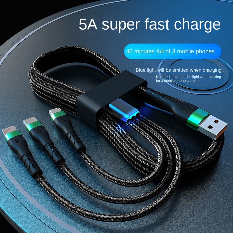 6a Kabel Charger Super Cepat Dengan Lampu Indikator Nylon Braided Data Line 3in1 Kabel USB Ke ios Android type C Untuk Ponsel