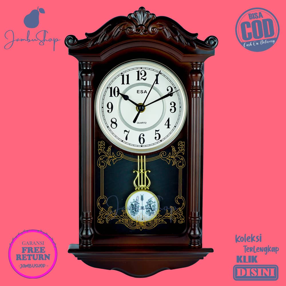 Jam Dinding Bagus Dekorasi Rumah Wall Clock Unik Murah ESA 06200 - coklat tua