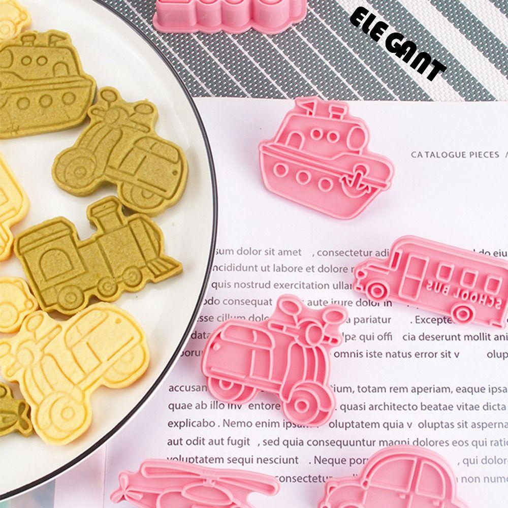 [Elegan] Cookie Cutters Pastry 6pcs/set Press Stamp Transportasi Kereta Bus Plastik Motor Helikopter Alat Dekorasi Kue