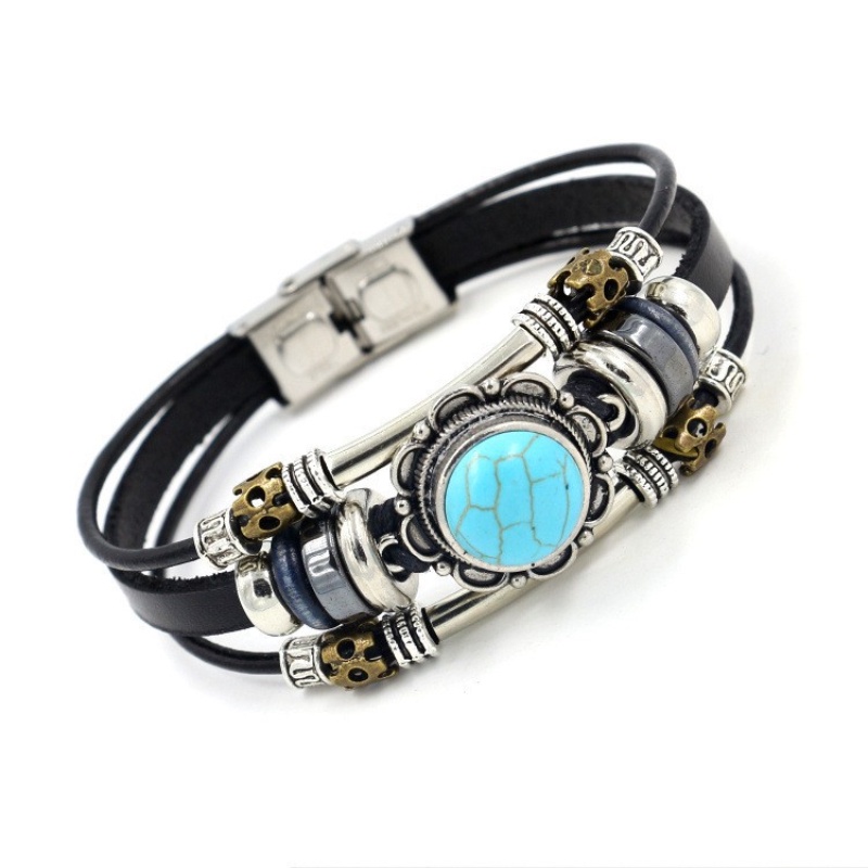 [Z H Perhiasan] Vintage Turquoise Gemstone Gelang Kulit Pria Dan Wanita Fashion Stainless Steel Multilayer Manik-Manik PU Gelang Punk Rock Pesta Perhiasan Aksesoris