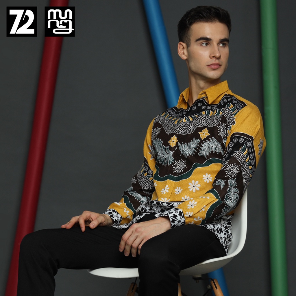 KEMEJA BATIK PRIA LENGAN PANJANG Kemeja Dobby Slimfit Motif Kallias Warna Kuning 723538 Cap 72 - Baju Kemeja Atasan Pakaian Setelan Batik Pria Cowok Laki Laki Remaja Keluarga Kantor Lengan Panjang Modern Slimfit Slim Fit Premium Kekinian