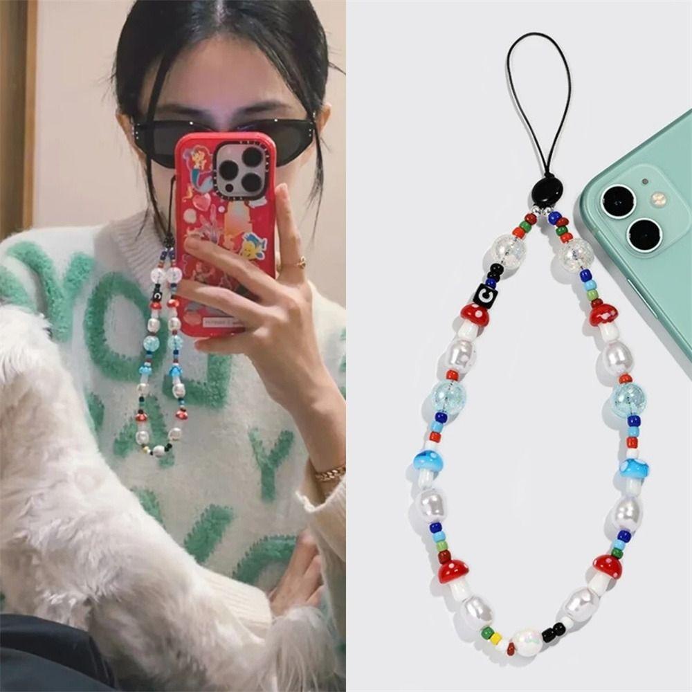 Rebuy Phone Strap Y2K Aksesoris Perhiasan Aksesoris Manik-Manik Warna-Warni Akrilik Mutiara Gadis Teman Hadiah Anti Hilang Lanyard Telepon