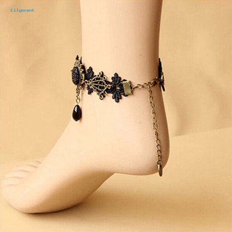 Lilyscent Wanita Vintage Hitam Bunga Renda Gelang Kaki Rantai Ankle Sandal Gelang Kaki Barefoot