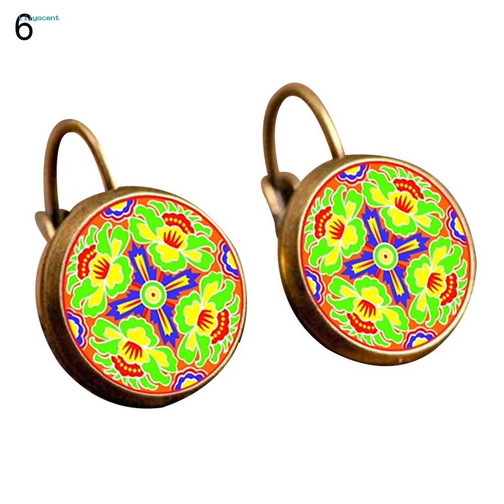 Lilyscent Retro Mandala Bunga Bulat Bronze Klip Telinga Gadis Wanita Leaverback Earrings