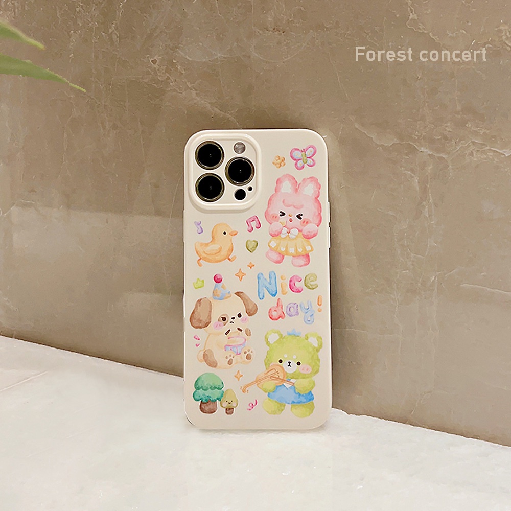 IPHONE Lucu Kartun Hewan Pesta Musik Vintage Putih Perlindungan Penuh Casing Ponsel Cover Untuk Iphone11 12 13 14 PLUS PRO MAX SE 2020