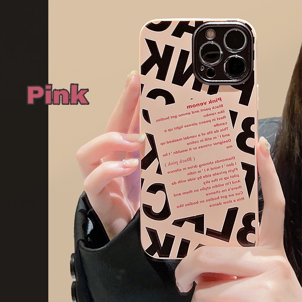 IPHONE Ins Simple Hitam Huruf Pink Miring Label Silikon Case Untuk Iphone14 11 12 13 PRO MAX Casing Cover Pelindung AT0192