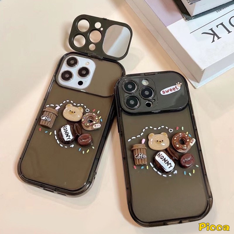 IPHONE Casing Cermin Make Up Flip Kreatif Kompatibel Untuk Iphone13 11 12 14 Pro Max7 8 14 Plus XR X XS MAX SE Kartun Lucu Mainan 3D Beruang Kopi Donat Casing Shockproof Soft Cover