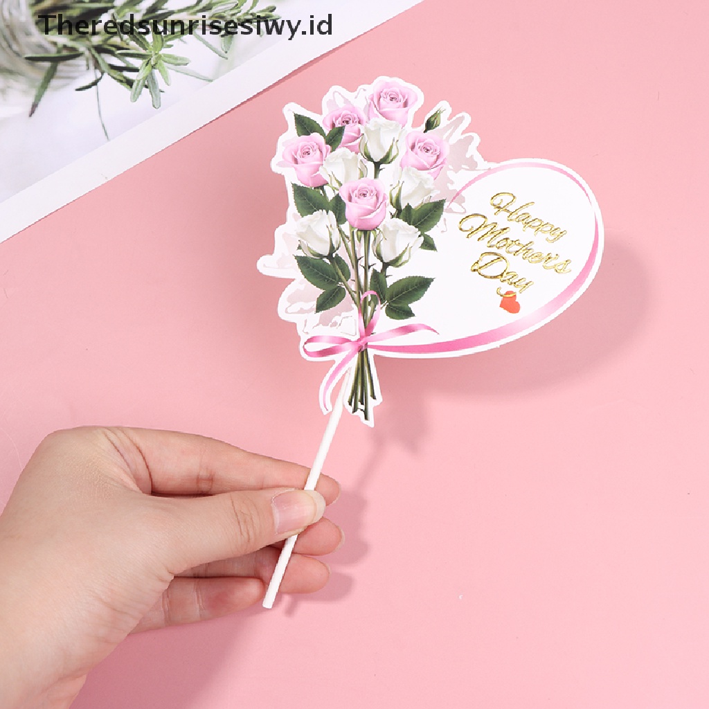 # Kado Mom &amp; PAPA DIY # 10pcs Topper Kue Happy Mother's Day Pink Heart Flower Rose Toppers Cupcake Dess~