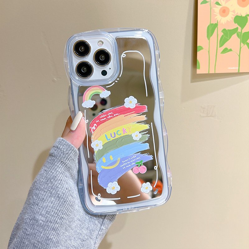 【Shock Proof Mirror】Wave Silicone Soft Case Iphone 6S 7 8 Plus X XR XS Max IPhone 11 12 13 14 Pro Max 14 Plus 7+ 8+ 12 13 mini for Women Girl Ins Rainbow Smile