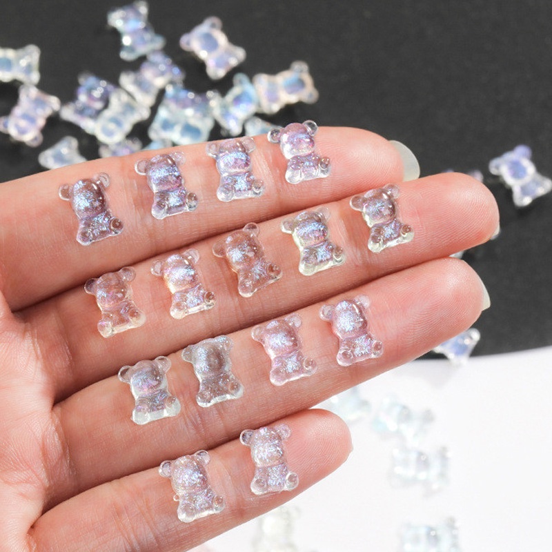 [Unggulan] 50pcs/bag Mix Warna Kuku Beruang Lucu Art Dekorasi Aurora Resin 3D Nail Art Ornamen Untuk Ujung Kuku Manicure UV Gel Polish Decor DIY Aksesoris Manicure Glitter Stone