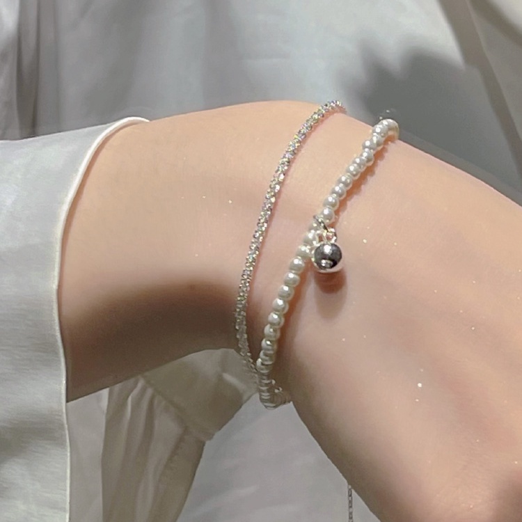 Yeezii Blingbling Gelang Ganda Untuk Wanita Manik-Manik Mutiara Gelang Perak Aksesoris Elegan Perhiasan