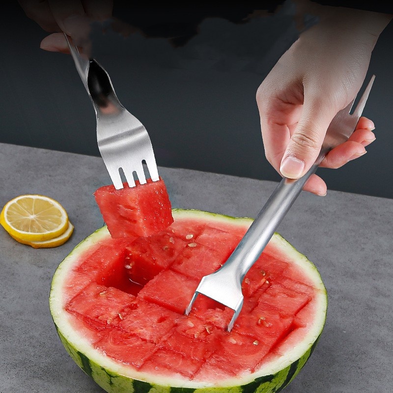 Kue Dessert Salad Prongs Merata Semangka Blok Slicer 2in1 Stainless Steel Garpu Buah Keju Cepat Jelly Cutter Kreatif Dapur Pub Peralatan Makan