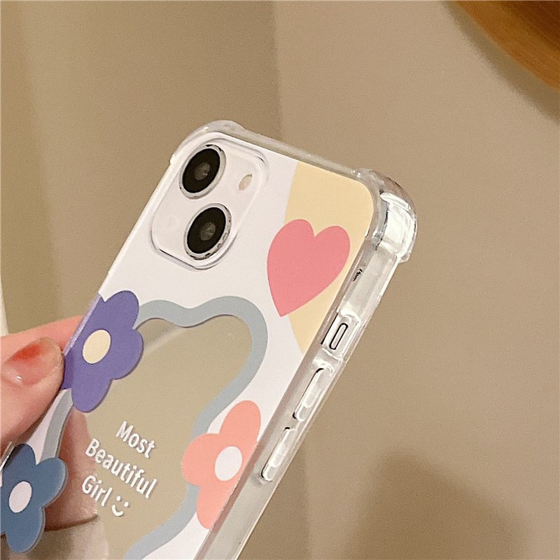 【Anti Fall Mirror】Pretty Silver Makeup Silicone Soft Case Iphone 6S 7 8 Plus X XR XS Max IPhone 11 12 13 14 Pro Max 14 Plus 7+ 8+ 12 13 mini for Women Girl Ins Colorful SunFlower