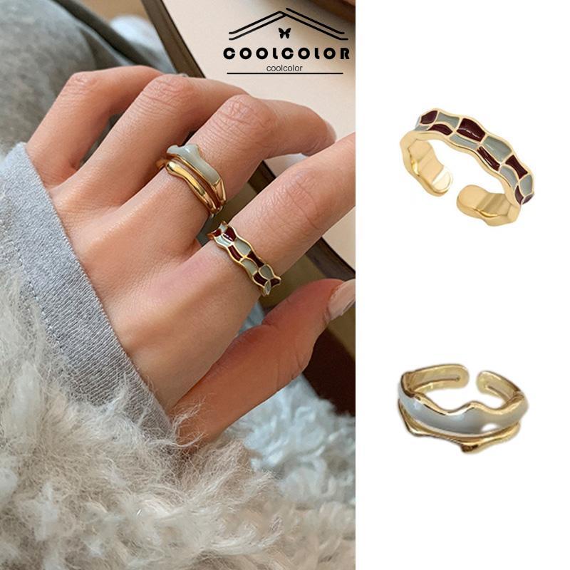 COD❤️Cincin Retro Wanita Emas Papan Catur Kotak-kotak yang dapat disesuaikan- cl