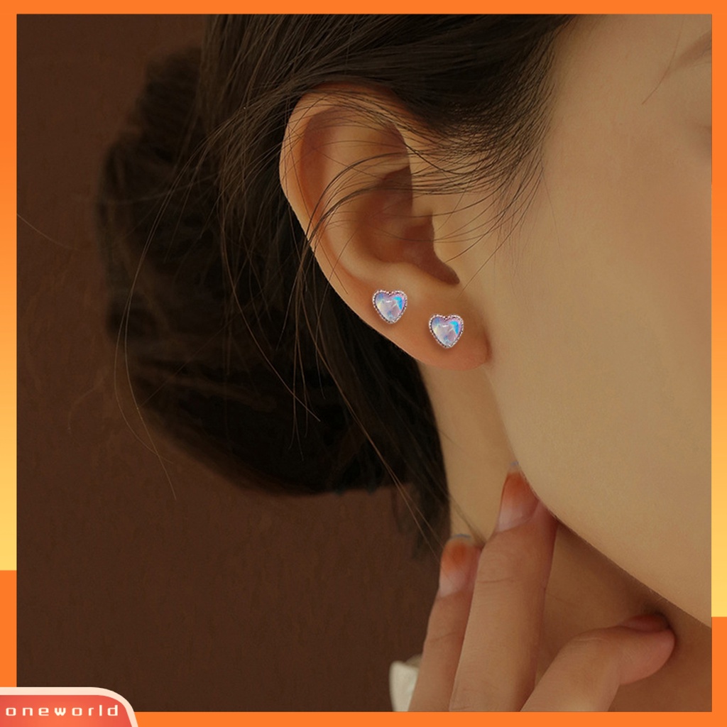 [EONE] 1pasang Ear Studs Dainty Elegan Temperamen Mini High Gloss Cinta Hati Faux Moonstone Wanita Anting Perhiasan Aksesoris