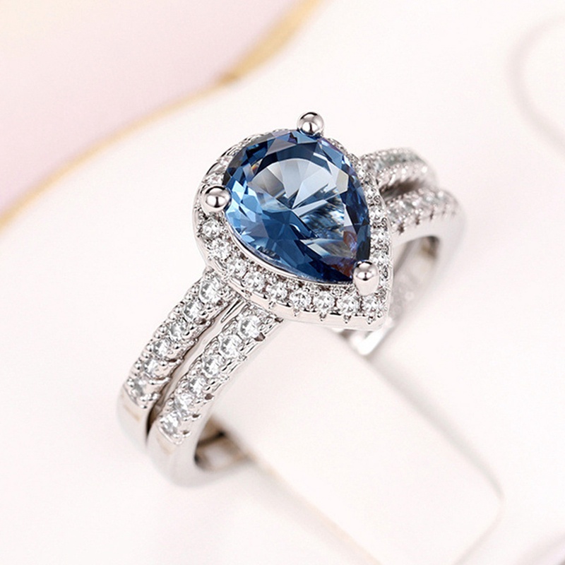 2pcs/set Pear Blue Cubic Zirconia Wanita Cincin Kawin Warna Perak Mewah Aksesoris Pesta Pertunangan Fashion Jewelry