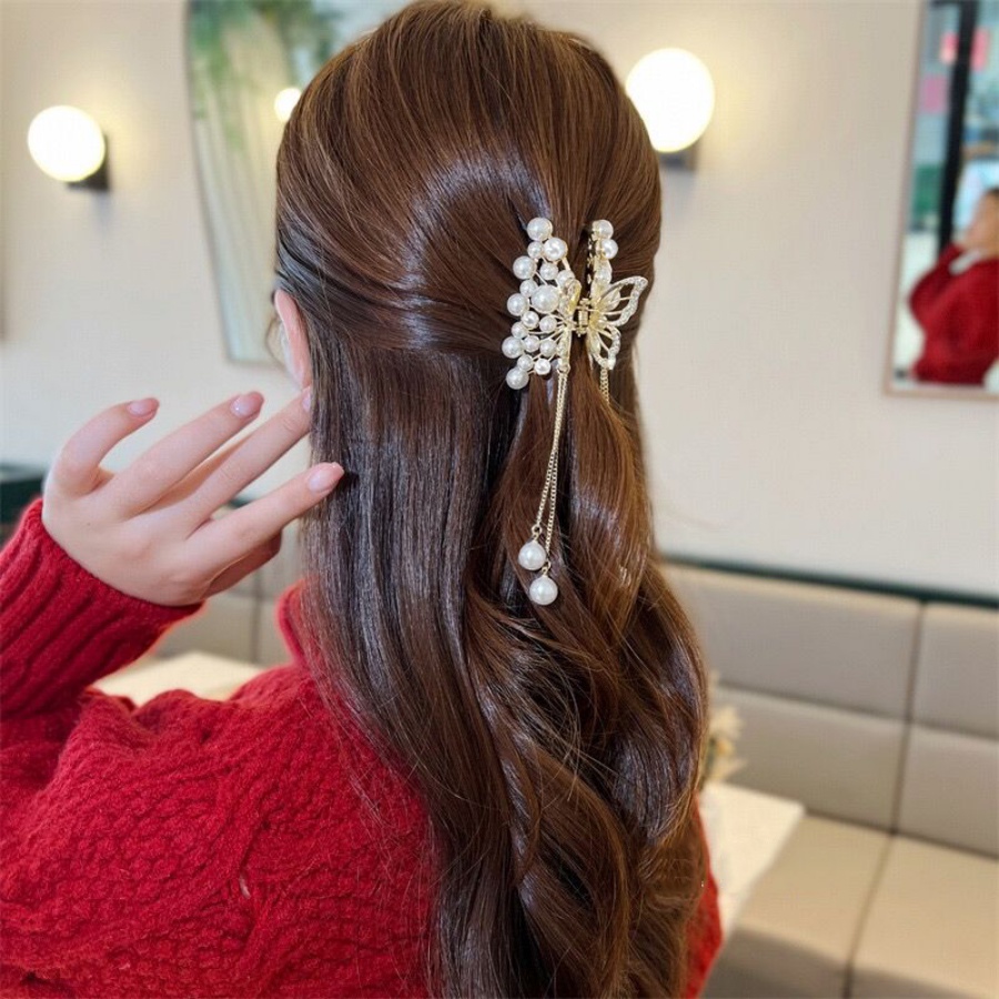 Korea Logam Mutiara Berlian Imitasi Rambut Klip Kupu-Kupu Kristal Rumbai Jepit Rambut Ponytail Holder Woman Headwear